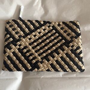 NEW Naghedi top zip Woven neoprene Black and Tan Pouch / Clutch. 10” x 7”